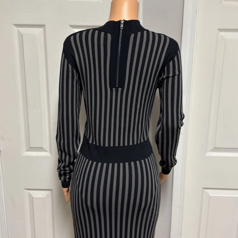 Y.A.S. Long Sleeve, Ribbed Knit Dress with Black and Grey Eegant Striped Dress - Picture 7 of 16